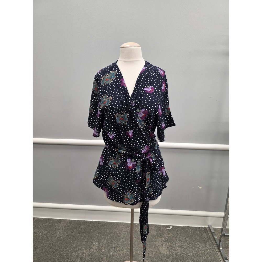 Loft Plus Navy Polka Dot Floral Wrap Blouse Short Sleeve Tie Waist Top Size 22